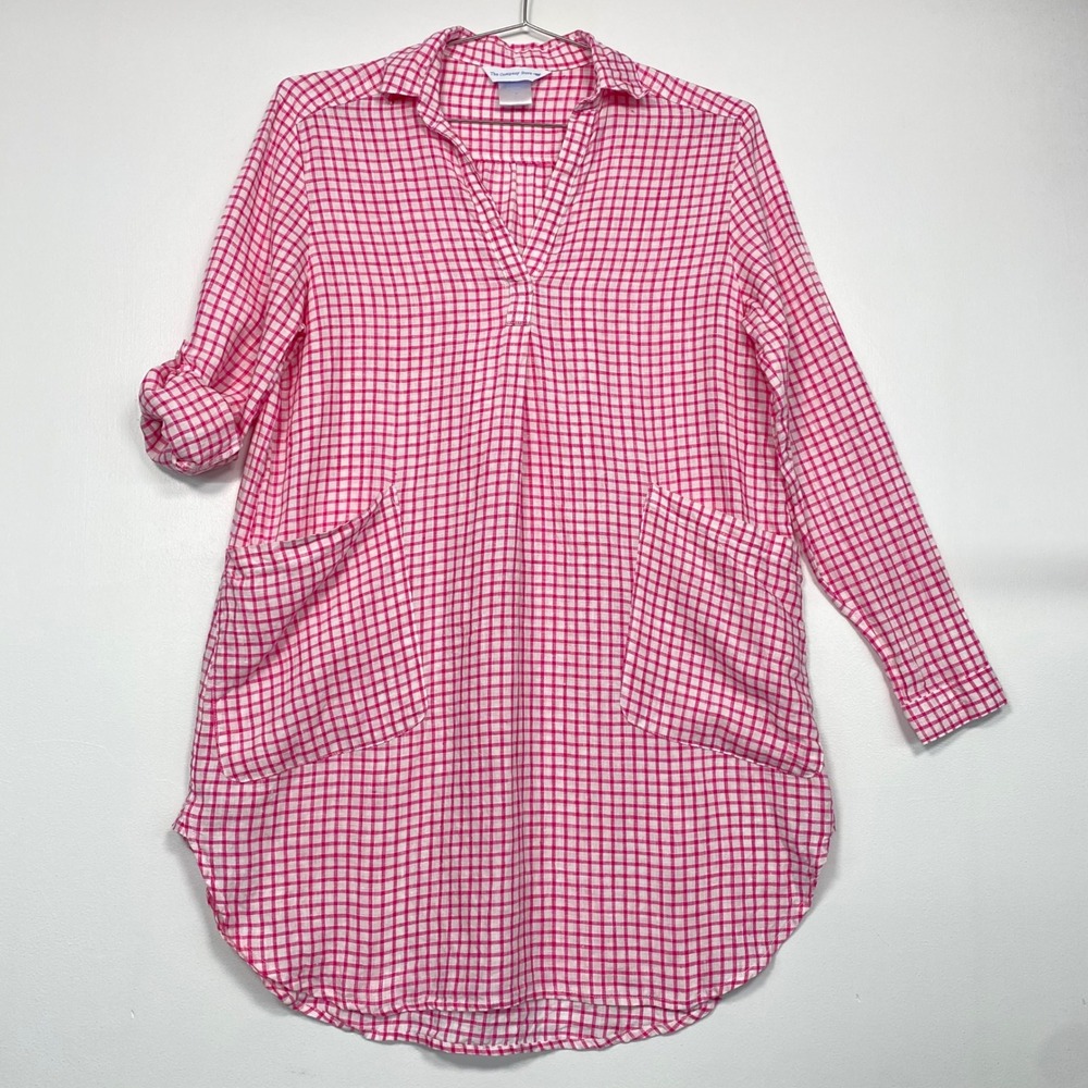 The Company Store Women Tunic Top Size M Pink Gingham Linen Roll Tab Pockets